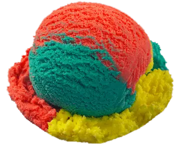 Ashby’s Superman ice cream featuring vibrant red, yellow, and blue swirls served in a waffle cone.